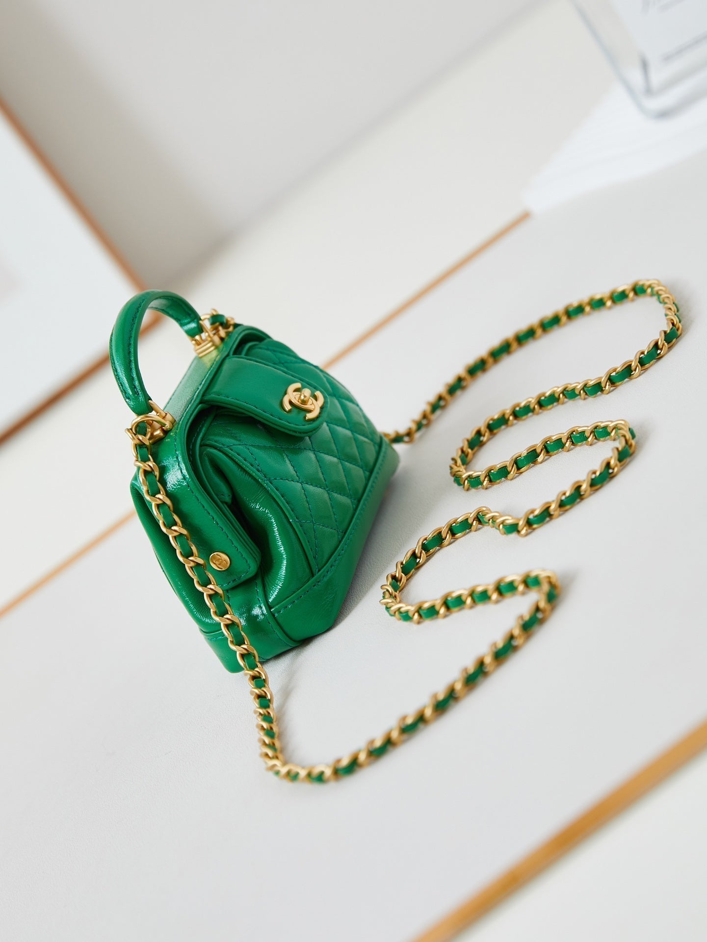 CC 24A Mini Top Handle 13cm Green Wax Leather Gold Hardware 238465 mysite