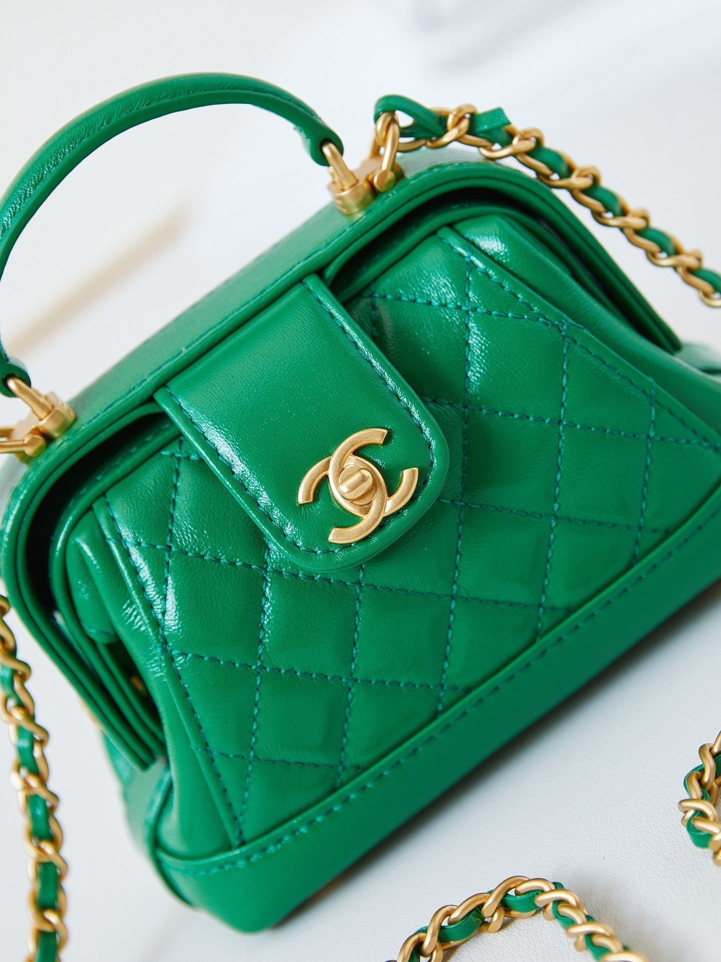 CC 24A Mini Top Handle 13cm Green Wax Leather Gold Hardware 238465 mysite