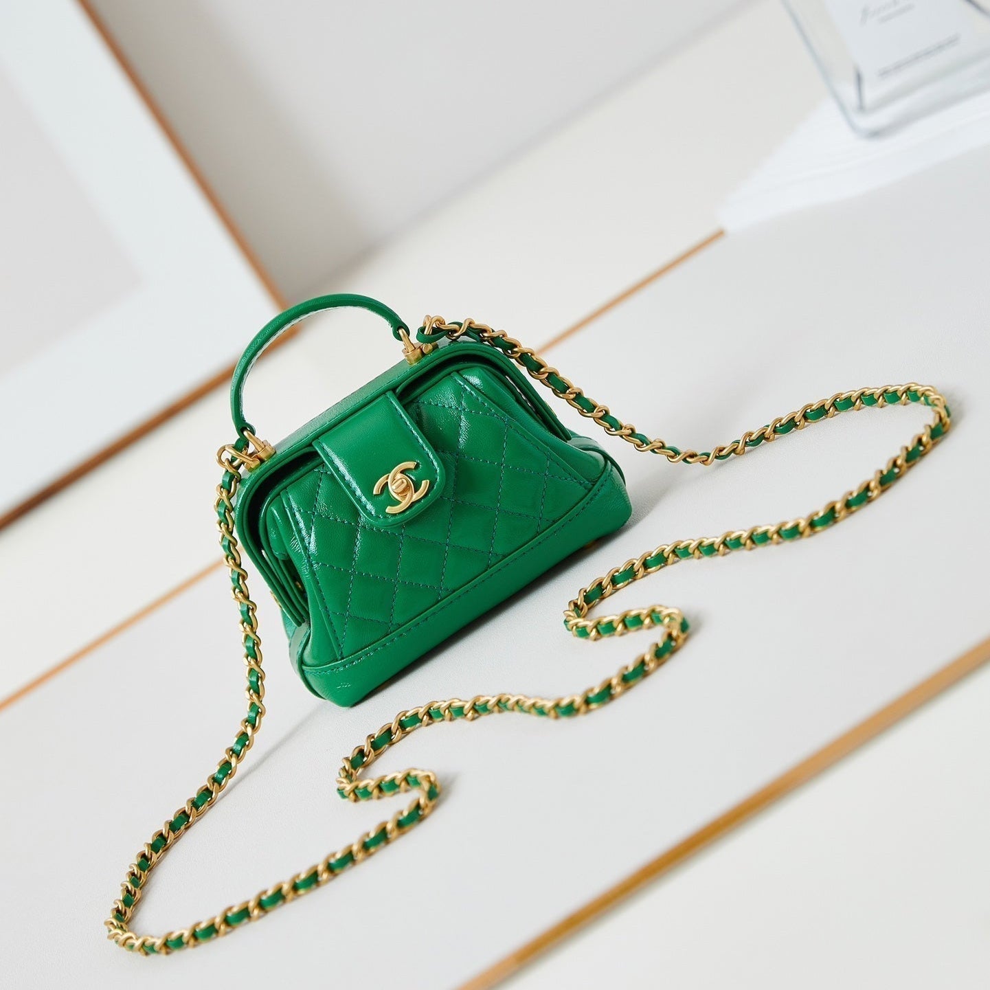 CC 24A Mini Top Handle 13cm Green Wax Leather Gold Hardware 238465 mysite