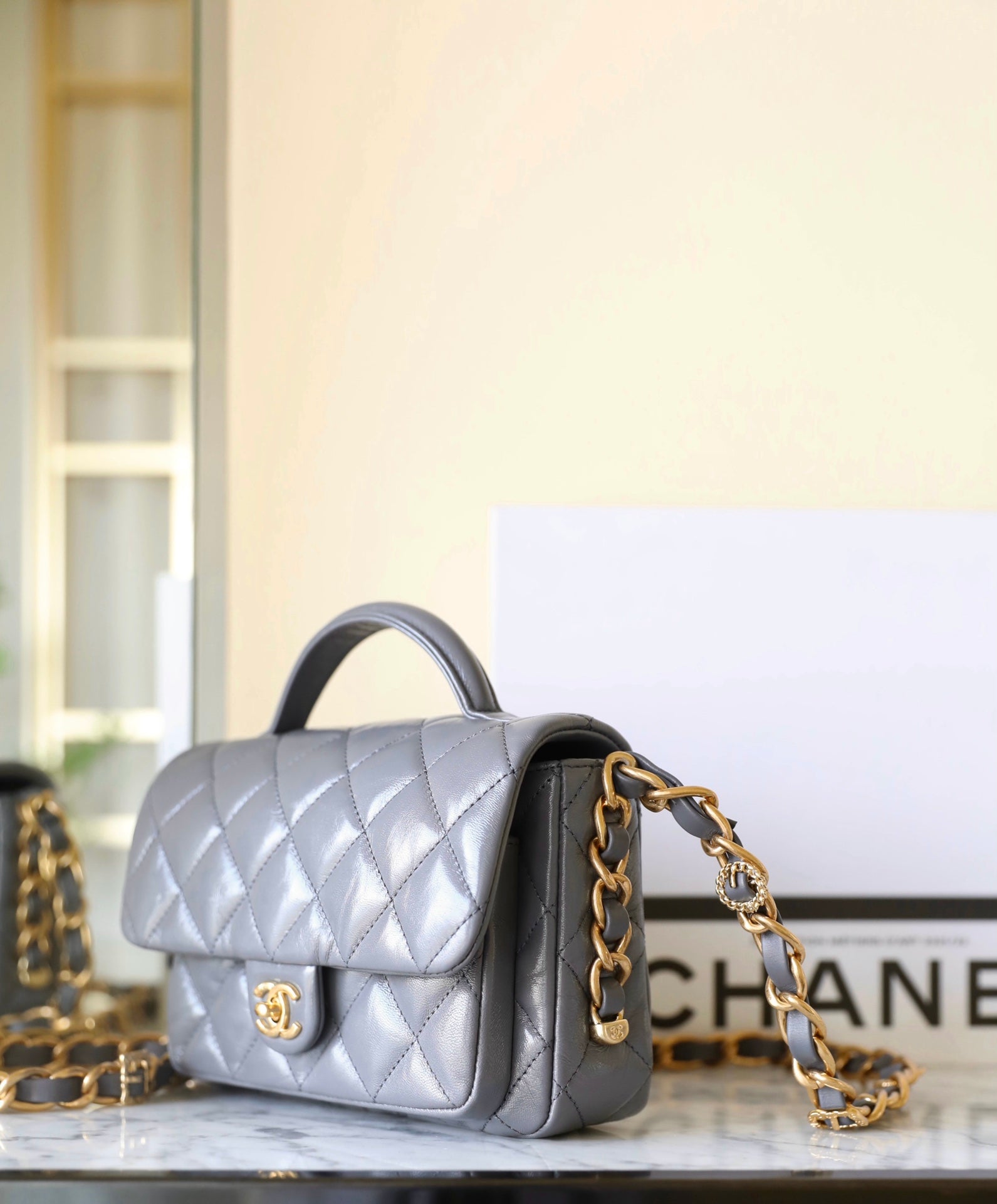 cc 24a flap bag 20cm top handle grey lambskin gold hardware mysite