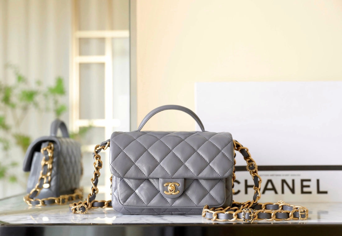 cc 24a flap bag 20cm top handle grey lambskin gold hardware mysite