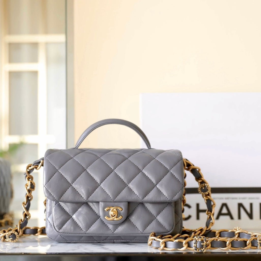 cc 24a flap bag 20cm top handle grey lambskin gold hardware mysite