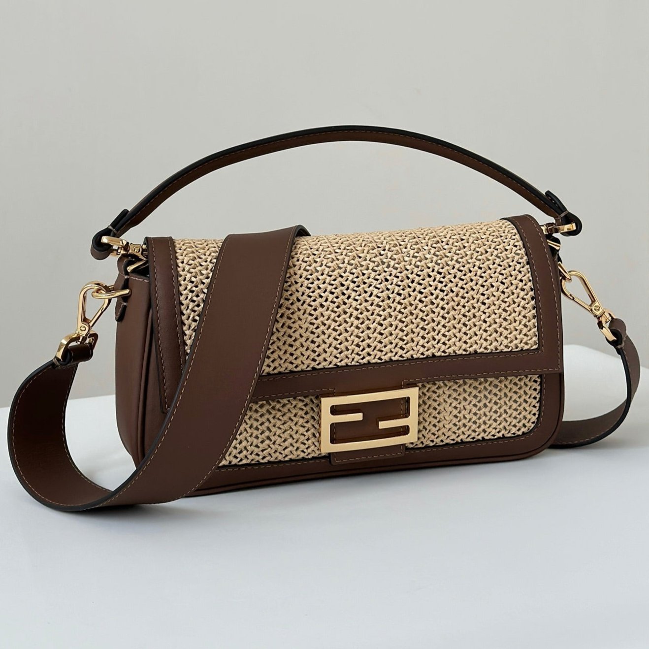 FENDI BAGUETTE 27 BAG IN BEIGE RAFFIA AND BROWN CALFSKIN WITH GOLD HARDWARE mysite