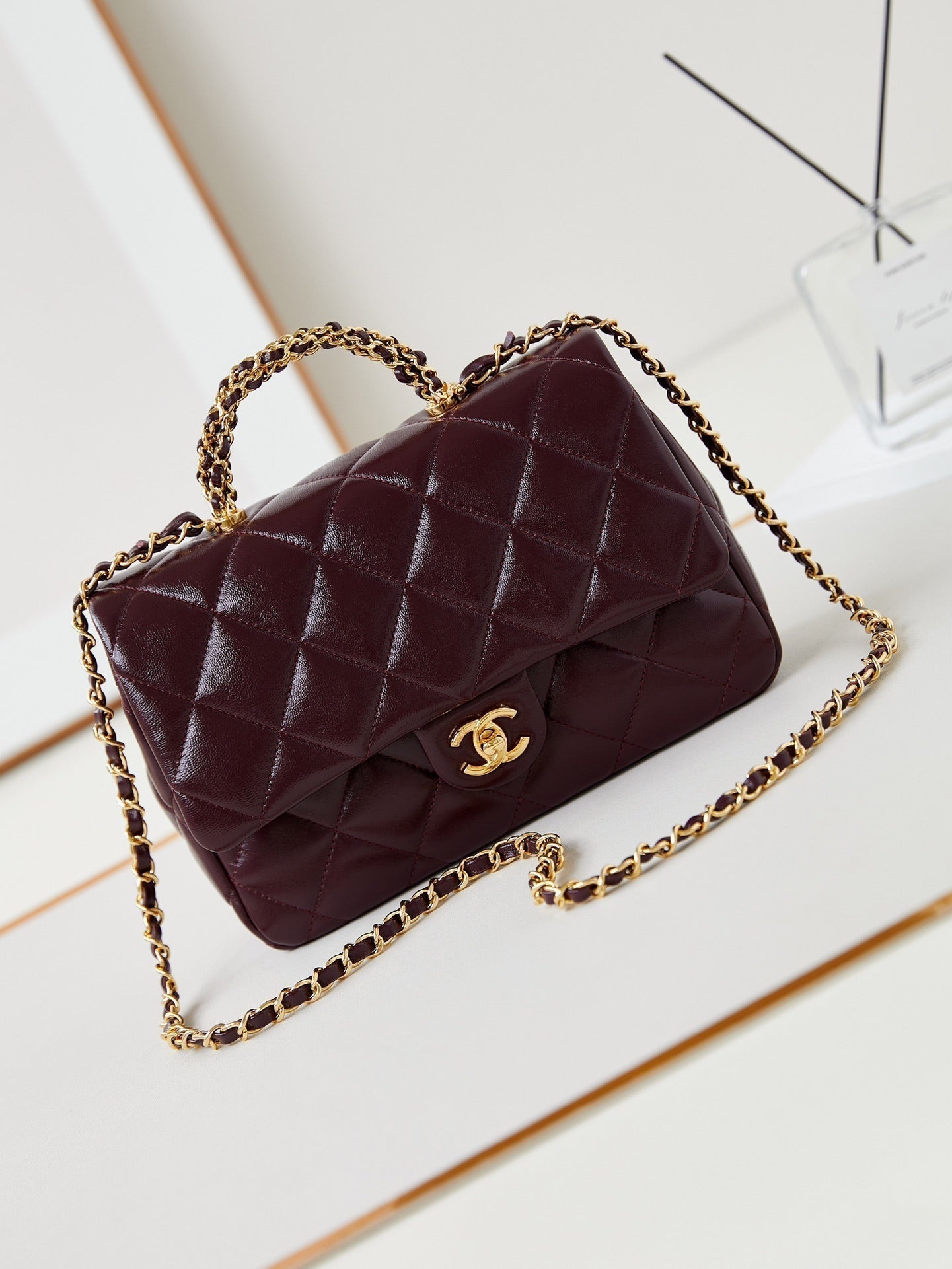 CC Flap Bag With Top Handle 25cm Wine Red Sheepskin Gold Hardware 238481 mysite