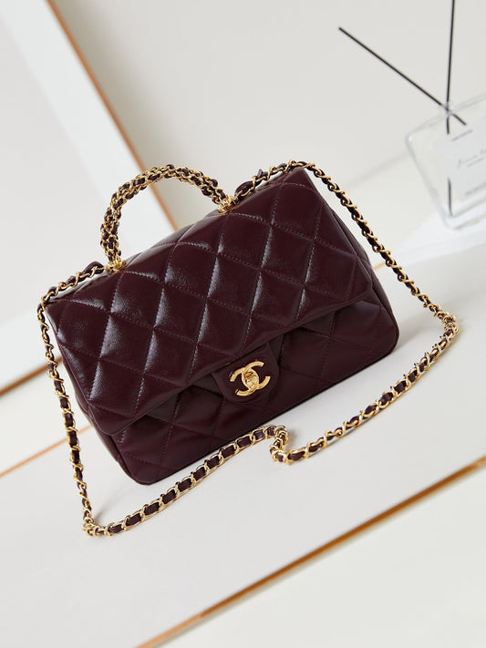 CC Flap Bag With Top Handle 25cm Wine Red Sheepskin Gold Hardware 238481 mysite