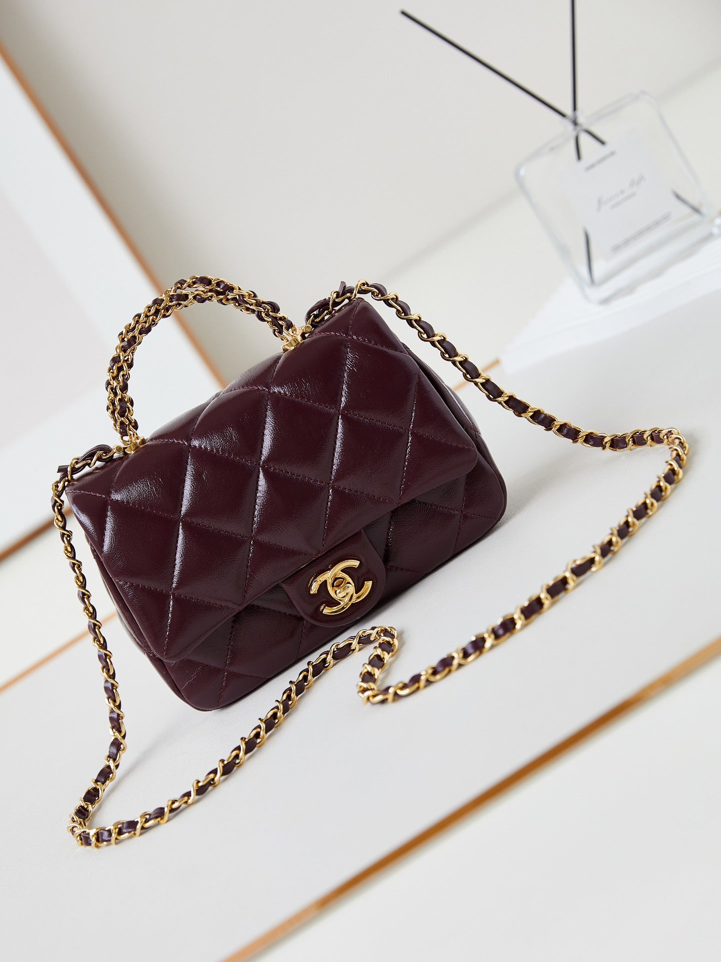 CC Flap Bag With Top Handle 19cm Wine Red Sheepskin Gold Hardware 238483 mysite