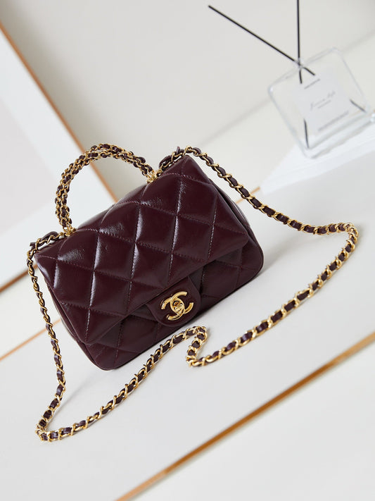 CC Flap Bag With Top Handle 19cm Wine Red Sheepskin Gold Hardware 238483 mysite