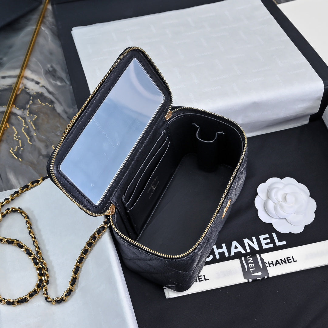 CC 24A Vanity Top Handle 16cm Black Grained Calfskin Gold Hardware mysite