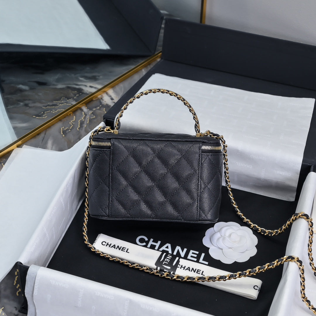 CC 24A Vanity Top Handle 16cm Black Grained Calfskin Gold Hardware mysite