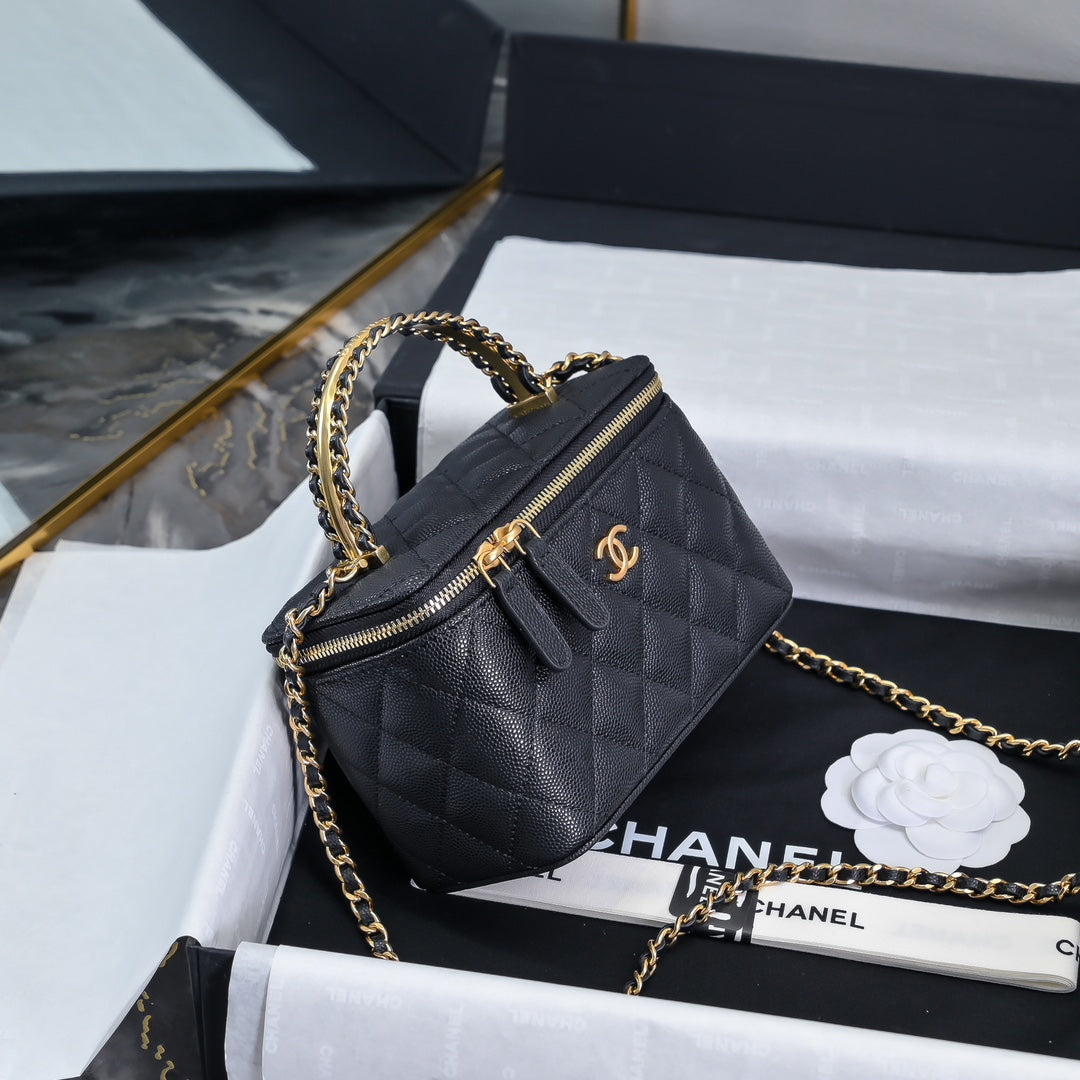 CC 24A Vanity Top Handle 16cm Black Grained Calfskin Gold Hardware mysite