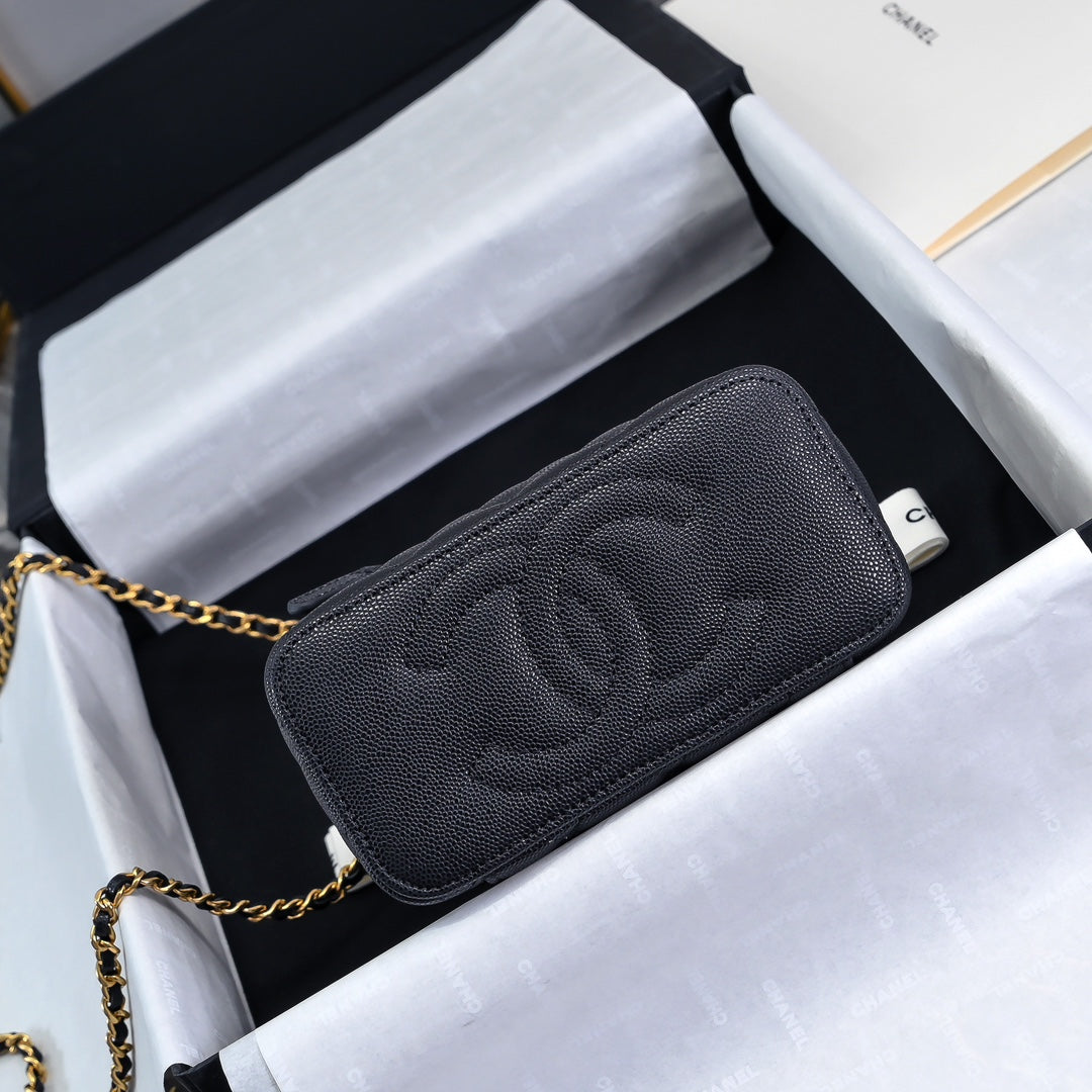 CC 24A Vanity Top Handle 16cm Black Grained Calfskin Gold Hardware mysite