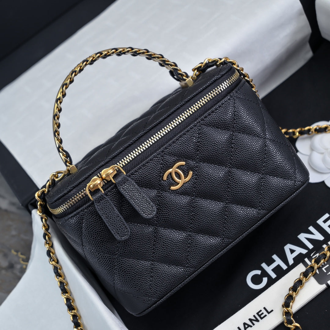 CC 24A Vanity Top Handle 16cm Black Grained Calfskin Gold Hardware mysite