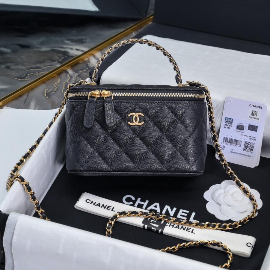 CC 24A Vanity Top Handle 16cm Black Grained Calfskin Gold Hardware mysite