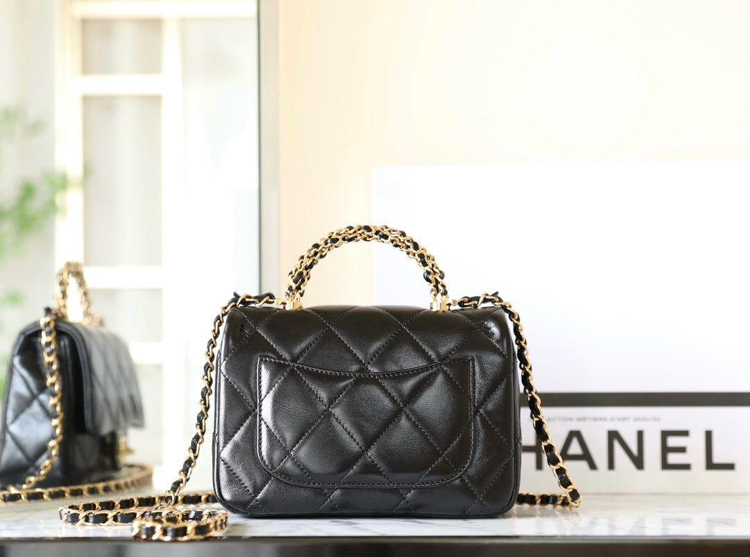 24B Mini Flap Bag With Top Handle 19cm Black Lambskin mysite