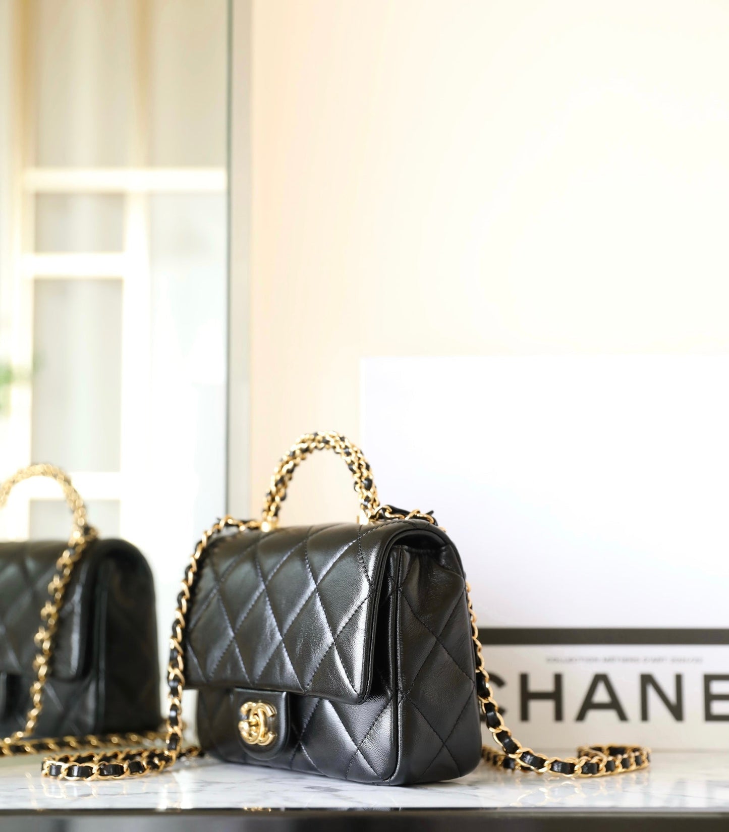 24B Mini Flap Bag With Top Handle 19cm Black Lambskin mysite