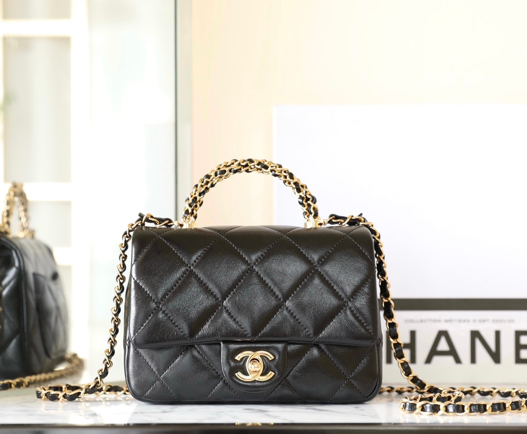 24B Mini Flap Bag With Top Handle 19cm Black Lambskin mysite