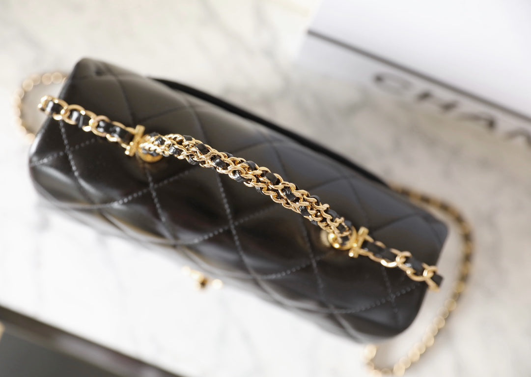 24B Small Flap Bag With Top Handle 25cm Black Lambskin mysite