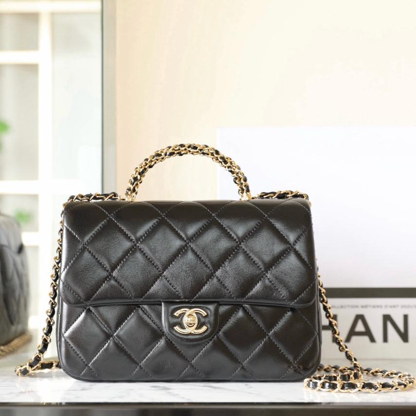 24B Small Flap Bag With Top Handle 25cm Black Lambskin mysite