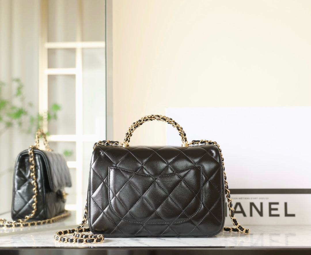 24B Small Flap Bag With Top Handle 25cm Black Lambskin mysite