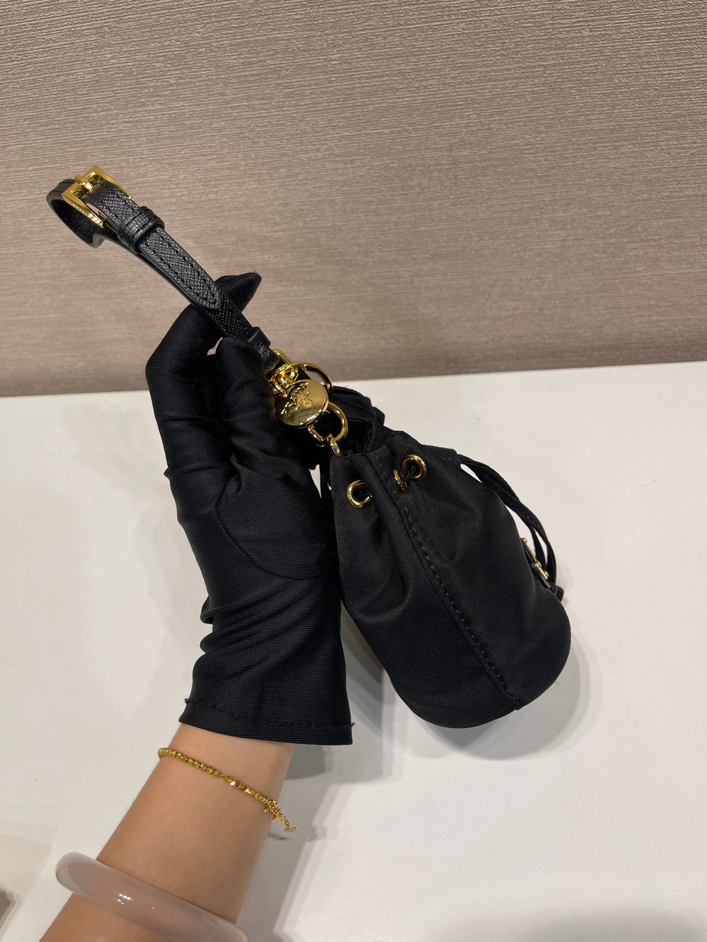 MINI BUCKET BAG 10 IN BLACK RE-NYLON AND SAFFIANO LEATHER STRAP mysite