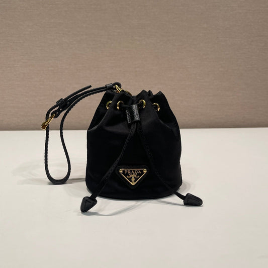 MINI BUCKET BAG 10 IN BLACK RE-NYLON AND SAFFIANO LEATHER STRAP mysite