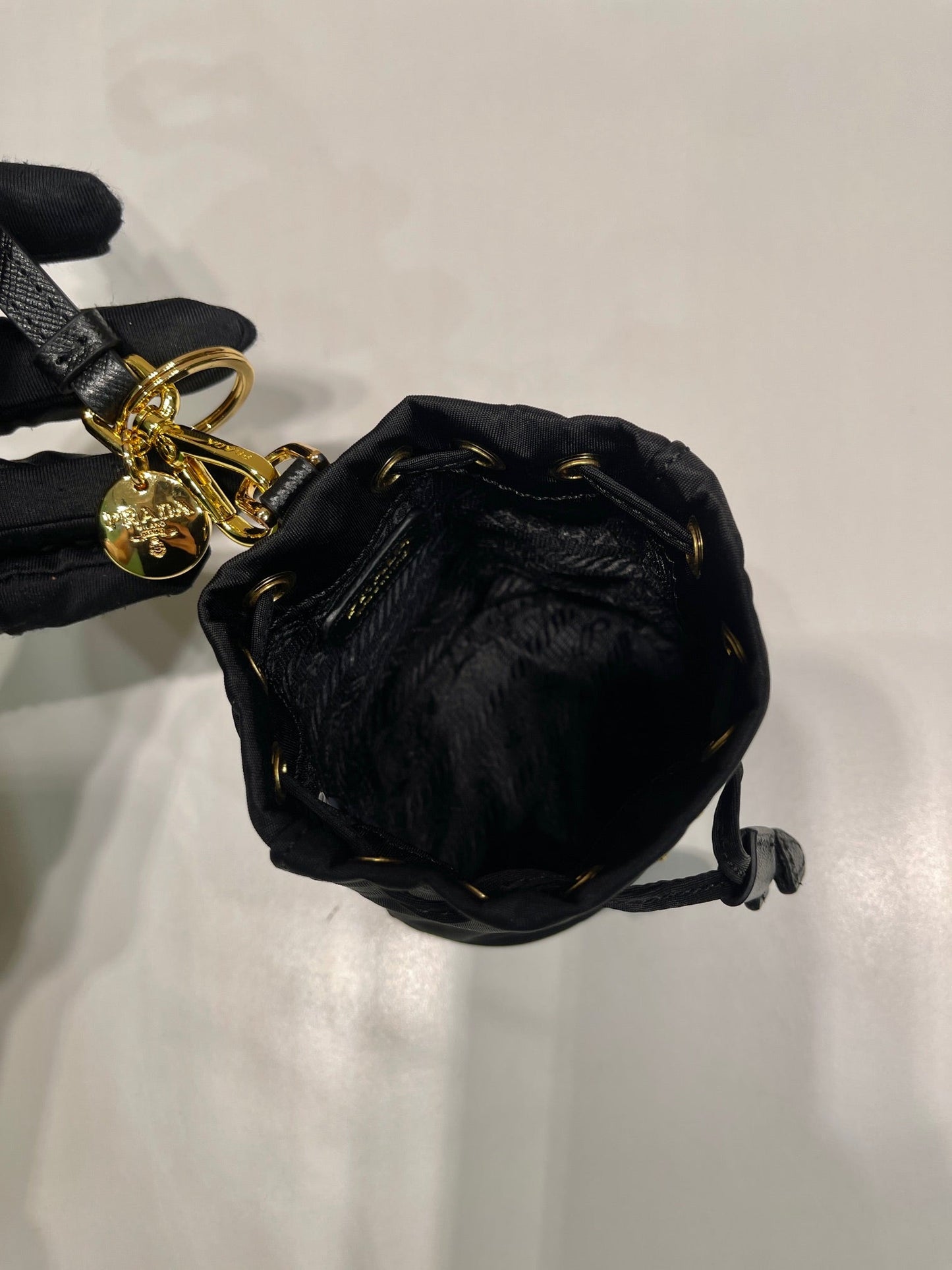 MINI BUCKET BAG 10 IN BLACK RE-NYLON AND SAFFIANO LEATHER STRAP mysite