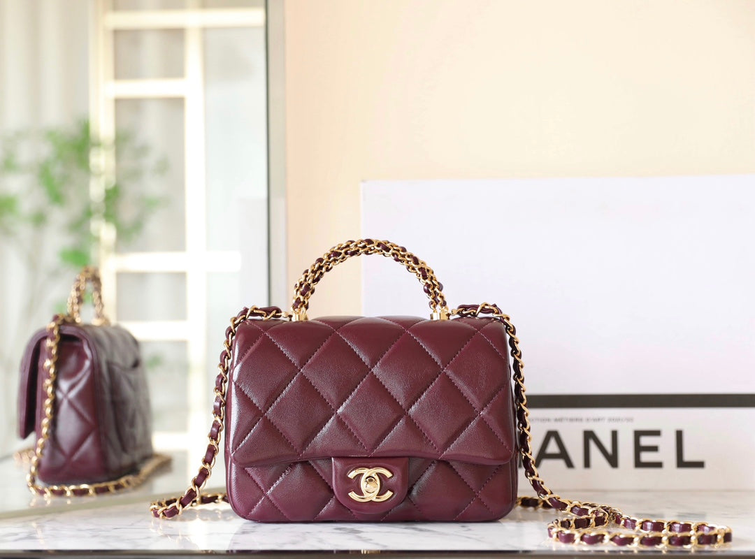 24B Mini Flap Bag With Top Handle 19cm Burgundy Lambskin mysite