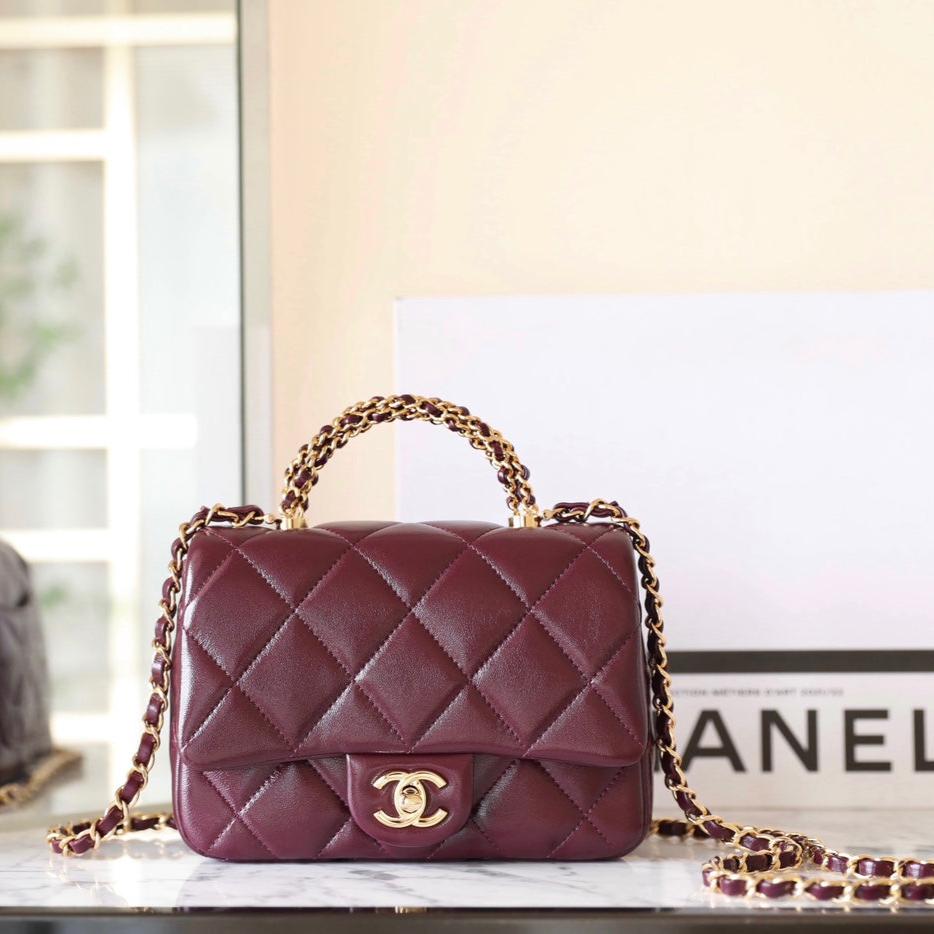 24B Mini Flap Bag With Top Handle 19cm Burgundy Lambskin mysite