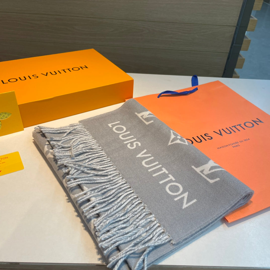 ALL ABOUT MONOGRAM SCARF 185 CM IN LIGHT GRAY WOOL 394498 mysite