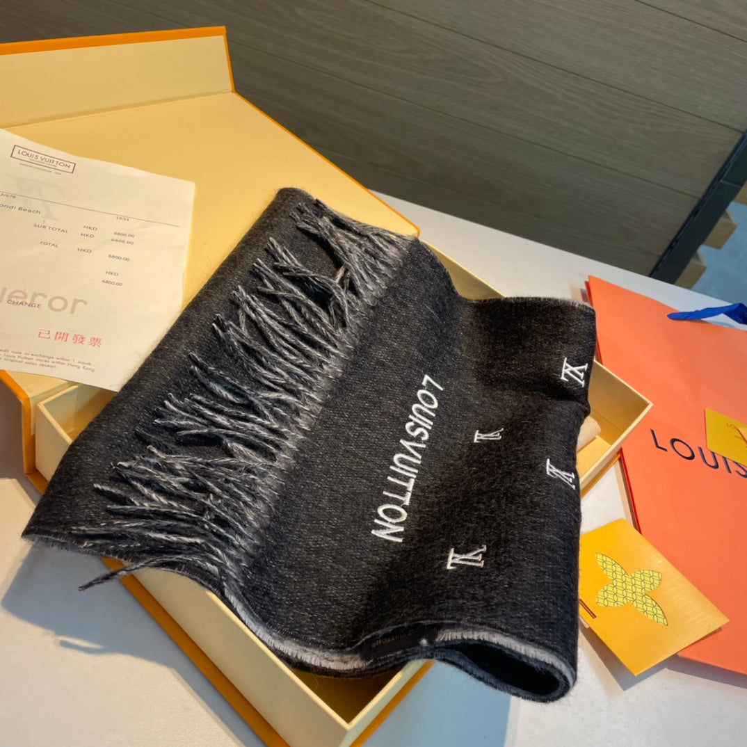 SCARF 190 CM IN BLACK CASHMERE WITH WHITE LOGO 396326 mysite