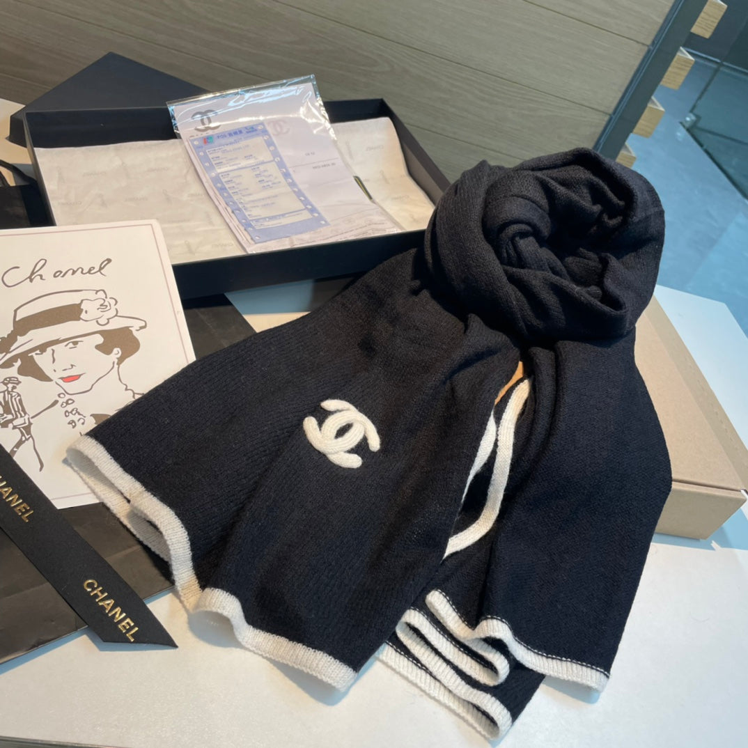 SCARF 200 CM IN BLACK CASHMERE AND WHITE LOGO 401978 mysite