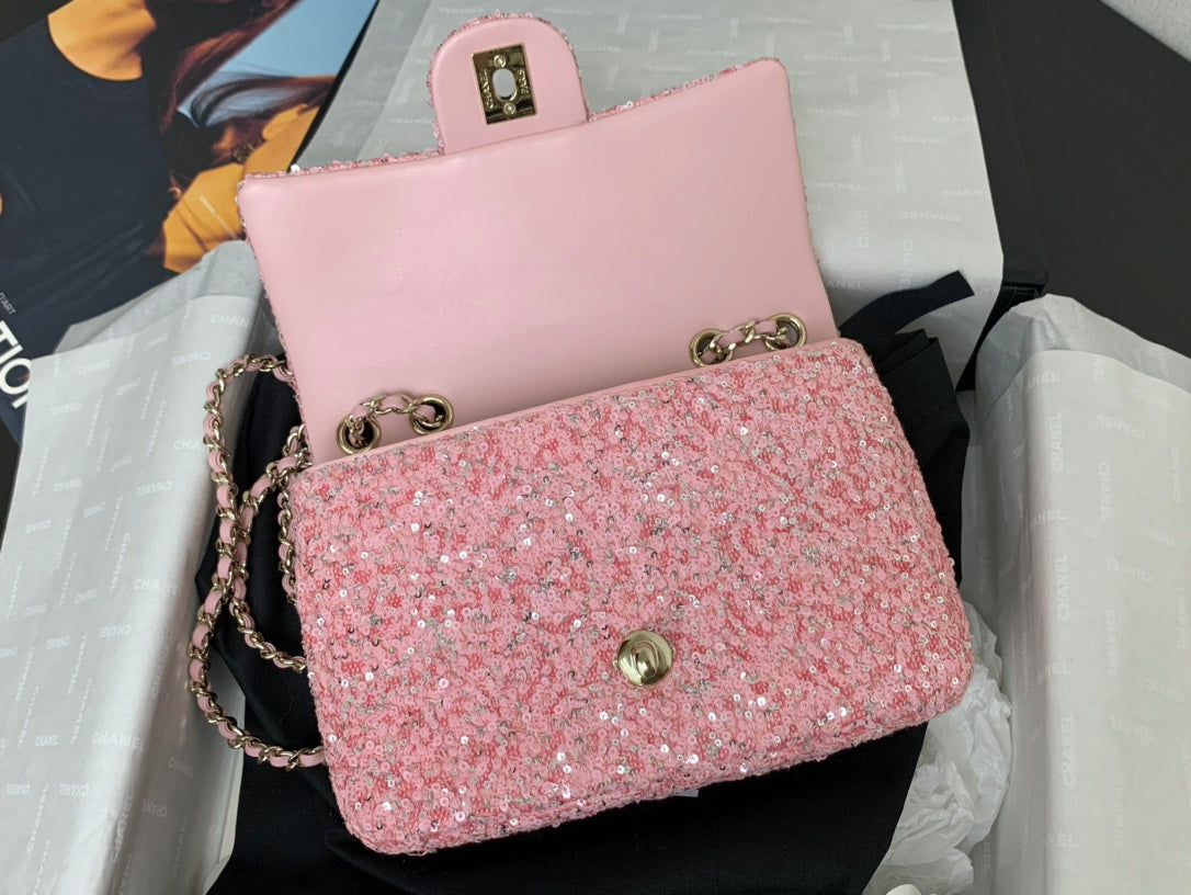 25C Flap Bag 20cm Pink Polka Dot Silver Sequin Calfskin mysite