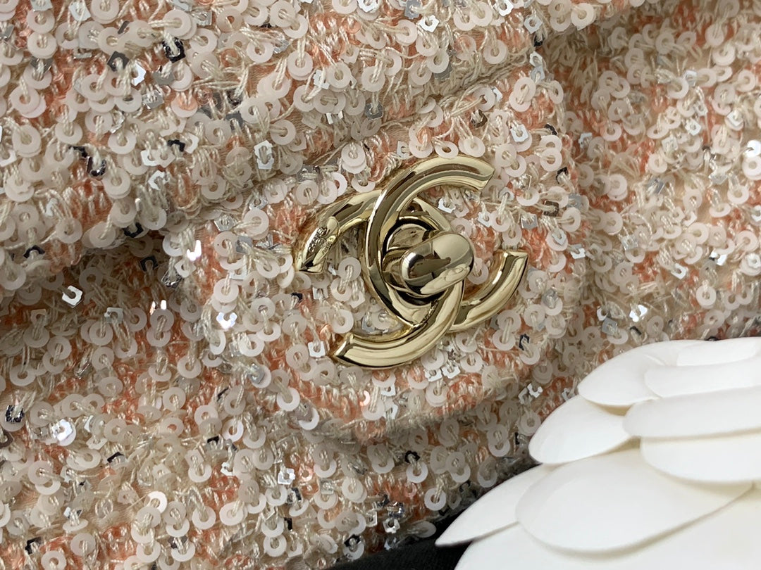 25C Flap Bag 20cm Beige Polka Dot Silver Sequin Calfskin mysite