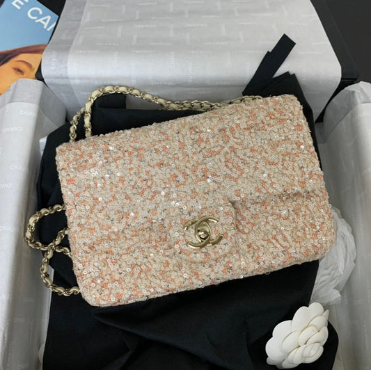 25C Flap Bag 20cm Beige Polka Dot Silver Sequin Calfskin mysite