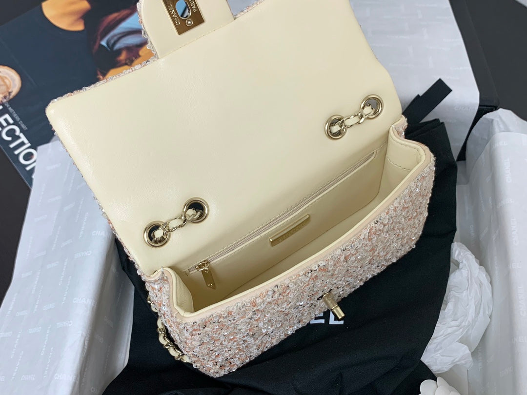 25C Flap Bag 20cm Beige Polka Dot Silver Sequin Calfskin mysite