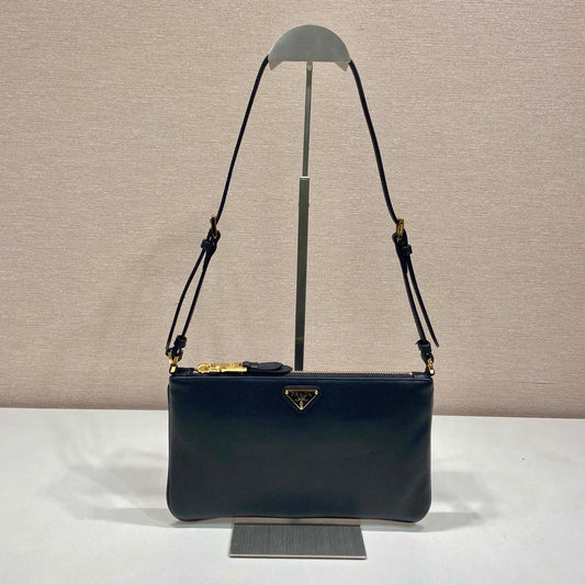 TRIANGLE LOGO SHOULDER BAG 24 IN BLACK SMOOTH CALFSKIN mysite