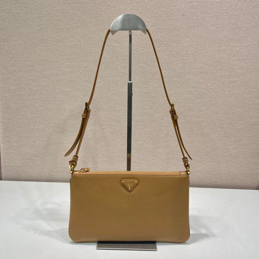 TRIANGLE LOGO SHOULDER BAG 24 IN PEANUT BROWN SMOOTH CALFSKIN mysite