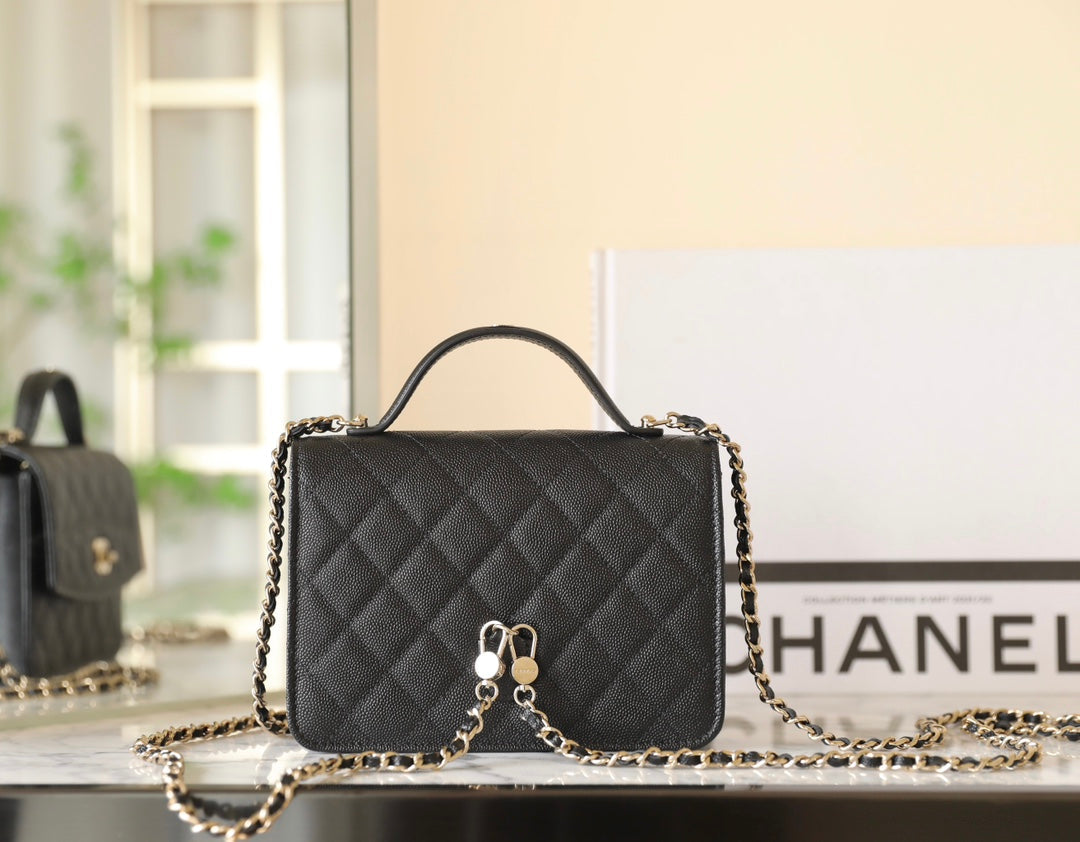 25C Flap Bag With Top Handle 18cm Black Grained Calfskin mysite