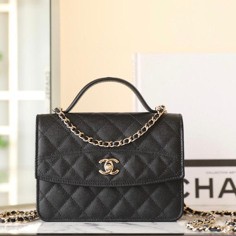 25C Flap Bag With Top Handle 18cm Black Grained Calfskin mysite