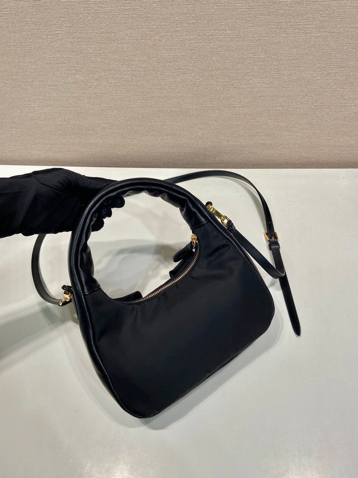 BOW HOBO BAG 22 IN BLACK RE-NYLON AND LAMBSKIN mysite