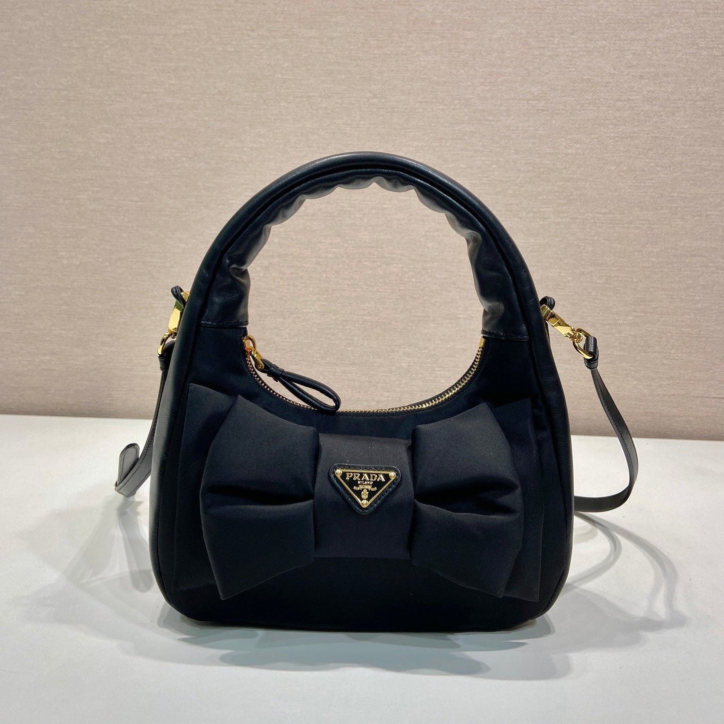 BOW HOBO BAG 22 IN BLACK RE-NYLON AND LAMBSKIN mysite