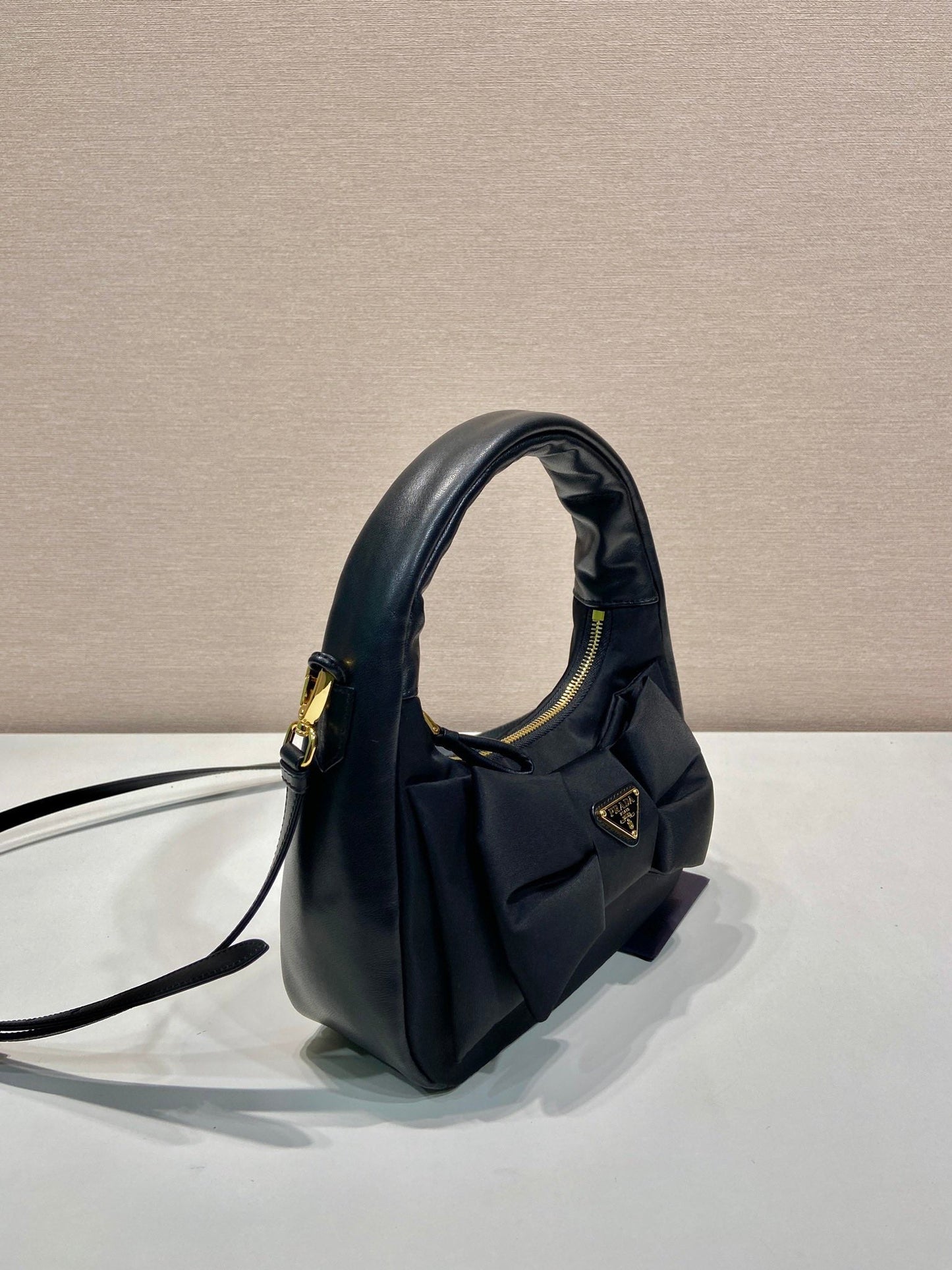 BOW HOBO BAG 22 IN BLACK RE-NYLON AND LAMBSKIN mysite