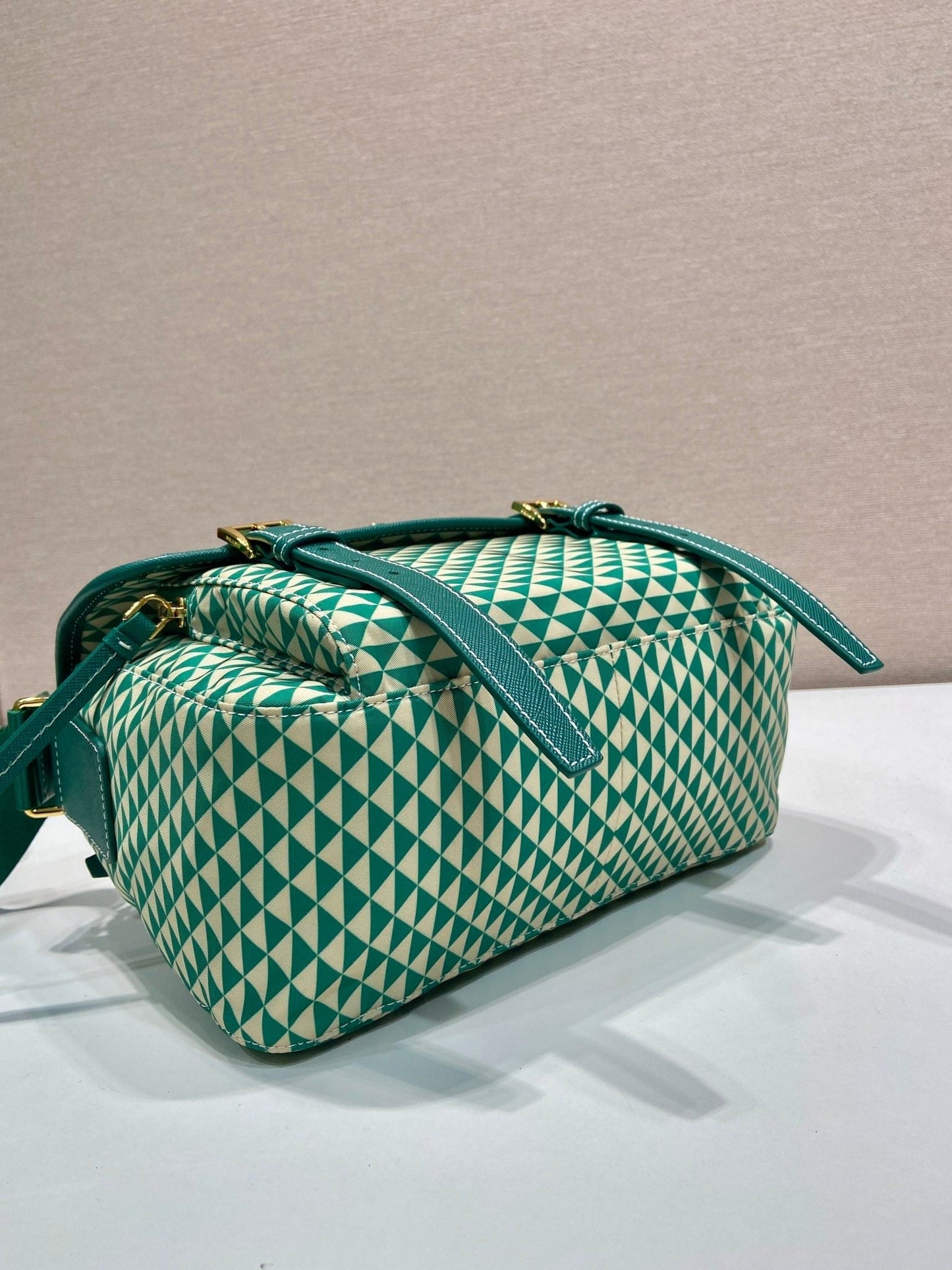 MESSENGER BAG 25 IN FOREST GREEN MIX CREAM TRIANGLE PATTERN EMBROIDERED FABRIC mysite