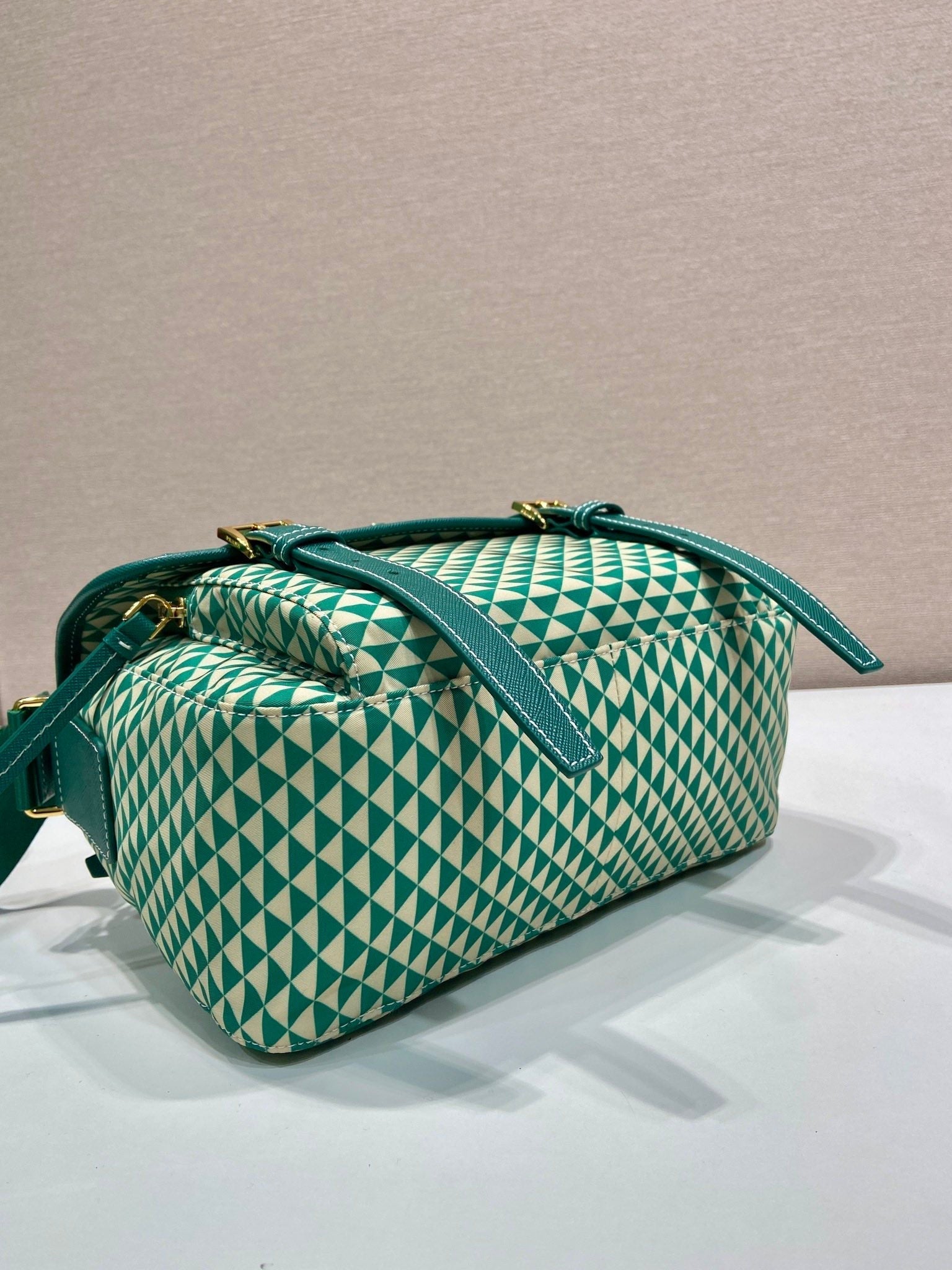 MESSENGER BAG 25 IN FOREST GREEN MIX CREAM TRIANGLE PATTERN EMBROIDERED FABRIC mysite