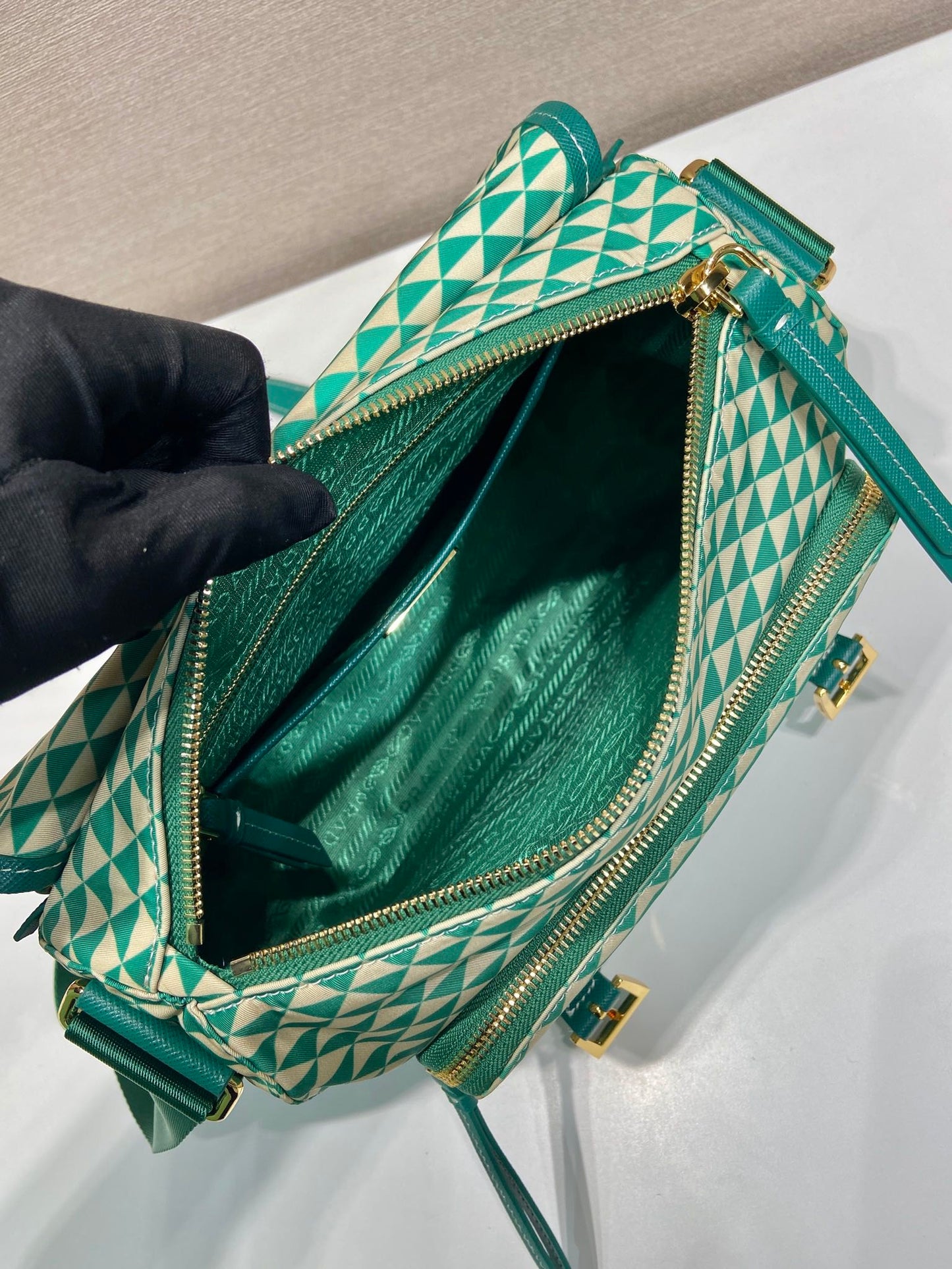 MESSENGER BAG 25 IN FOREST GREEN MIX CREAM TRIANGLE PATTERN EMBROIDERED FABRIC mysite