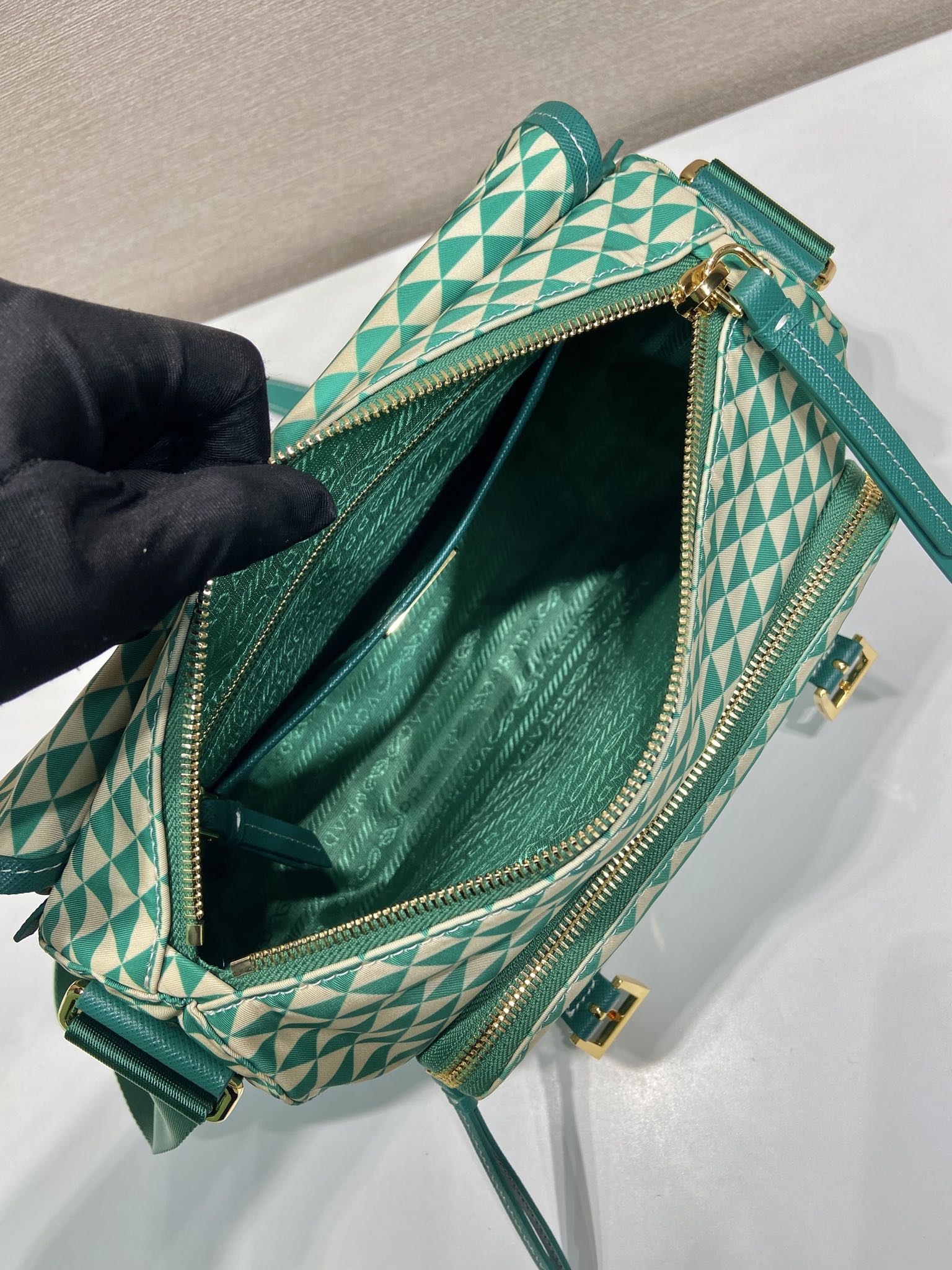 MESSENGER BAG 25 IN FOREST GREEN MIX CREAM TRIANGLE PATTERN EMBROIDERED FABRIC mysite