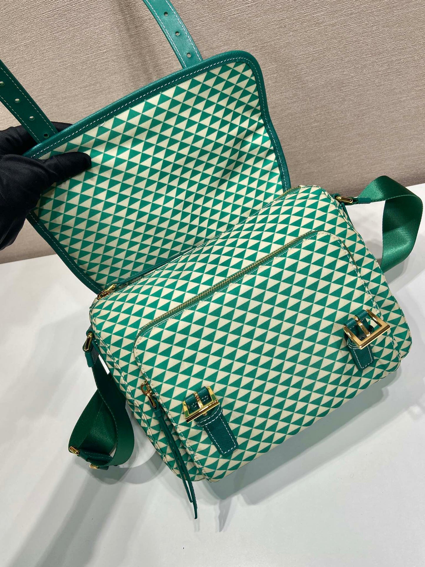 MESSENGER BAG 25 IN FOREST GREEN MIX CREAM TRIANGLE PATTERN EMBROIDERED FABRIC mysite