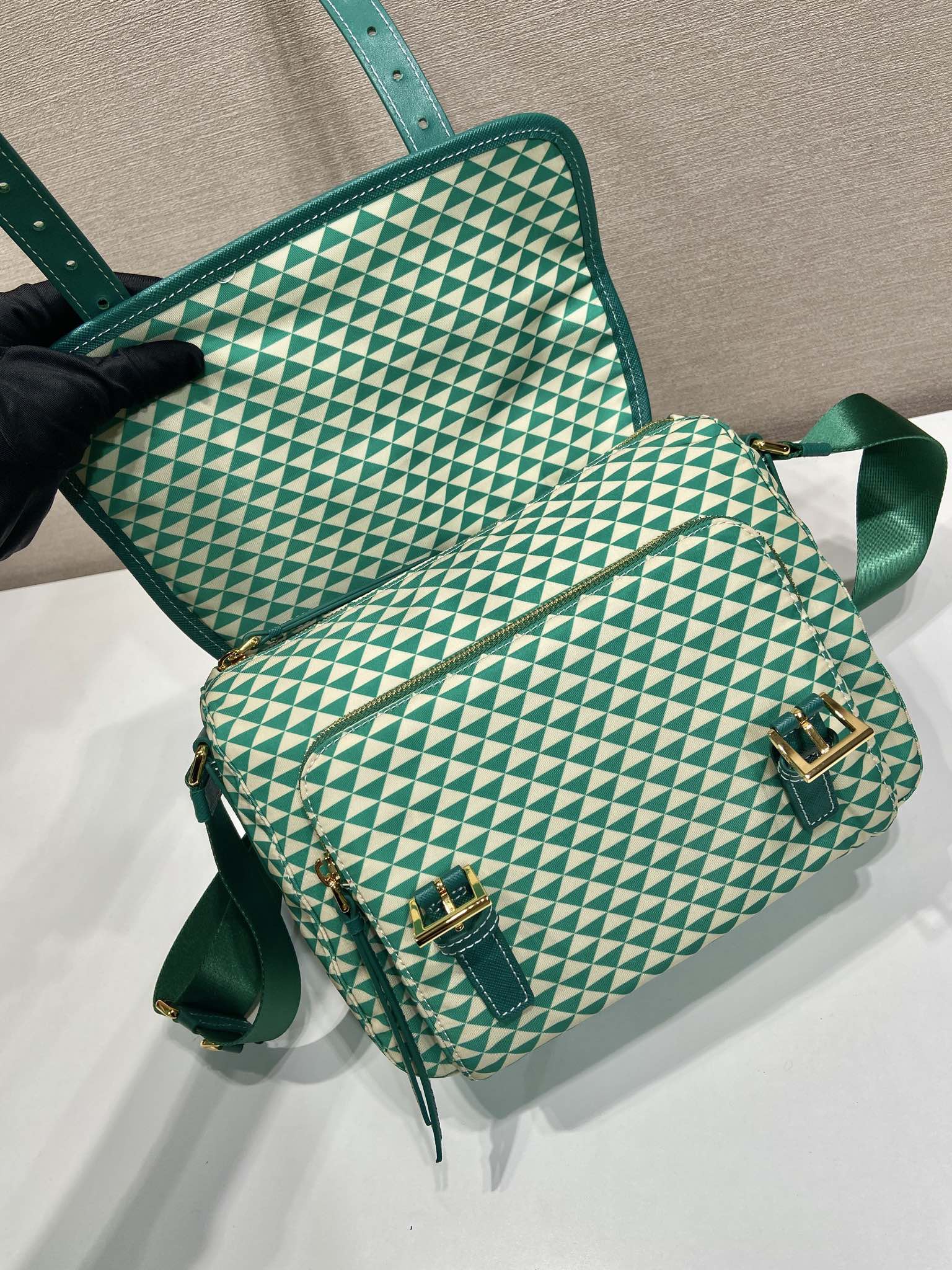 MESSENGER BAG 25 IN FOREST GREEN MIX CREAM TRIANGLE PATTERN EMBROIDERED FABRIC mysite