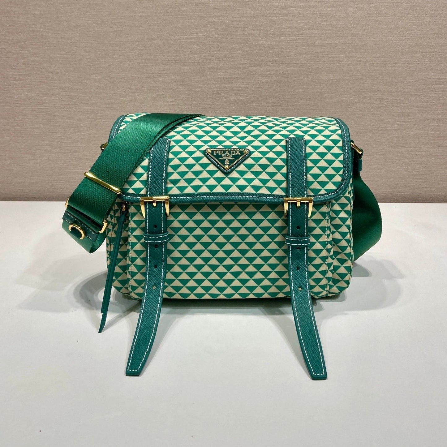 MESSENGER BAG 25 IN FOREST GREEN MIX CREAM TRIANGLE PATTERN EMBROIDERED FABRIC mysite