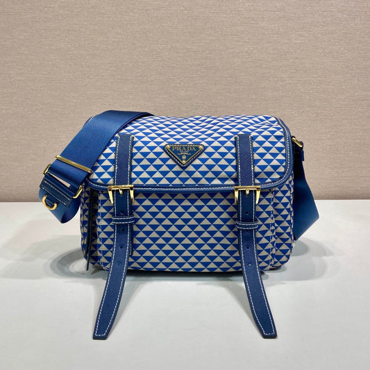MESSENGER BAG 25 IN BLUE MIX WHITE TRIANGLE PATTERN EMBROIDERED FABRIC mysite
